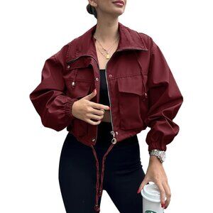 Womens Wine Red Tankaneo Cropped Jacket Zip Up Oversized Utility Anorak Coat